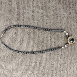Vintage Pewter Hematite  Necklace w Gold Tone Art Deco Pendant